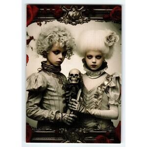 Vintage Halloween Photochrome Postcard Gothic Victorian Children with Skull